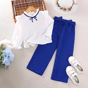 Larua קורס 2023 קוריאנית קבוצה בגדי בנות שרוול ארוך או הצוואר קפלים כחולה מכנסיים חמודים 2 יח ' ערכות בגדי ילדות 18M-6T