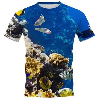HX הוואי חולצות מצחיק טרופי החיים בים דגים אלמוגים 3D מודפס שרוול קצר Tees חולצות מקרית Harajuku חולצות לגברים