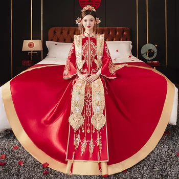 Xiuhe החתן חליפות Hanfu כלה יוקרה סין העתיקה החתונה התחפושת האדומה רקמה בסגנון מזרחי כמה בגדים Vestido ' ינו