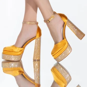 חדש Arrivlas צהוב סאטן עבה העקב משאבות בלינג בלינג קריסטל פלטפורמה המסלול נעליים עגול הבוהן אבזם רצועה נעליים