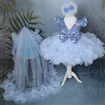 חמוד פלאפי שרוול קצר ניצוץ כחול בייבי פרח שמלת ילדה קשת ילד זה ילד יום ההולדת הקודש בהווה ערב הטבילה השמלה