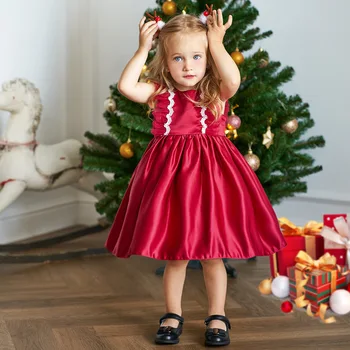 2023 התינוק שרוולים קצרים מסיבת יום ההולדת הראשונה השמלה עם Bowknot הילדים של חג המולד אדום חתונה שמלות נסיכה