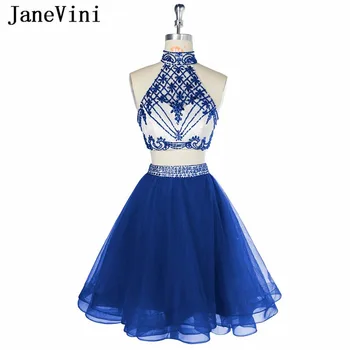 JaneVini מקסים כחול רויאל קצר שמלות שושבינה שני חלקים שמלה קריסטל חרוזים טול קו בנות הנשף שמלות המפלגה