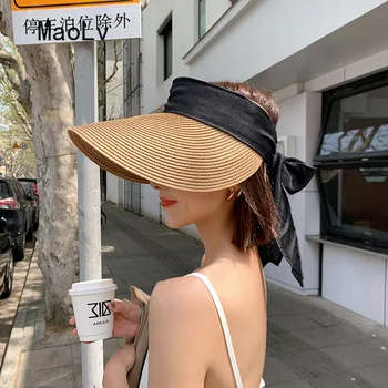 קיץ גדול ברים העליון ריק כובע קש סרט קשת נשים סאן קאפ רפוי שוליים רחבים, חוף מתקפל כובע מזדמן פנמה Harajuku הכובע