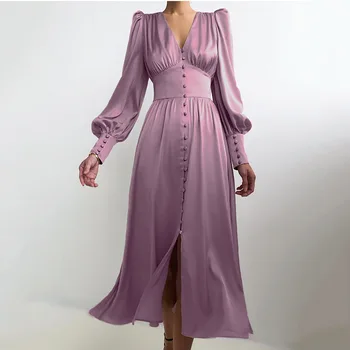 אביב חדש שמלת סאטן נשים חוש עיצוב בלון שרוולים להראות רזה אירופאית ואמריקנית מזג סלים החצאית הארוכה