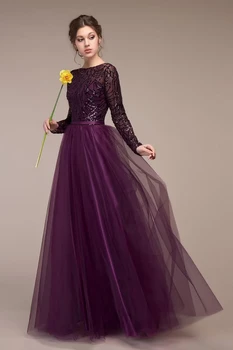 2022 סגול האמא של הכלה שמלת ערב אירוסין חרוזים שרוול ארוך טול נצנצים החלוק החדש של Ruched קלאסי שמלת הנשף