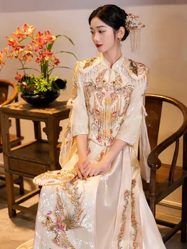סיני שני פיניקס רקמה טאנג חליפה Cheongsam נישואין בגדים שמפניה תחפושת פייטים חרוזים ציצית שמלת החתונה