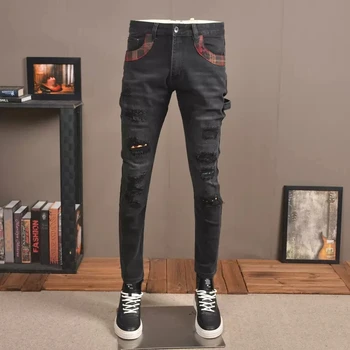 אופנת רחוב אופנה גברים ג 'ינס רטרו שחור אפור למתוח Slim Fit הרס קרע ג' ינס גברים תוקנו מעצב היפ הופ מכנסיים גבר