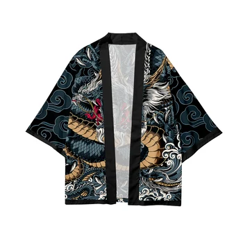 2023 קיץ Mens יפנית חולצות קימונו קרדיגן החלוק מזדמן משוחרר הביתה חלוקי רחצה הדרקון דפוס מעילים בגדים מסורתיים
