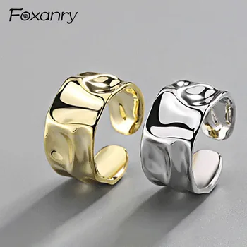 Foxanry צבע כסף לא סדיר עבודת יד, הטבעת לנשים יצירתי גיאומטרי רחב anillos תכשיטים מתנה בגודל 16.5 מ 