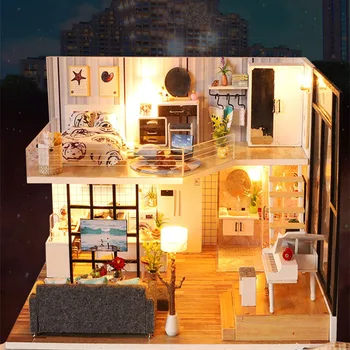 מיניאטורי DIY ערכת בניין בית בובות מעץ עם ריהוט מודרני לופט קאסה בית בובות הרכבה, צעצועים לילדים, מתנת יום הולדת
