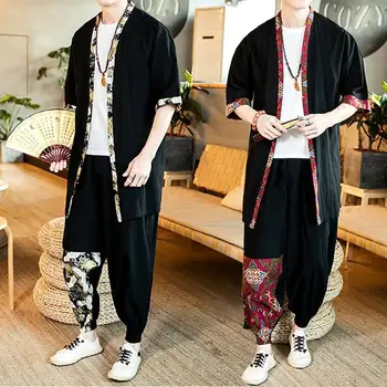 בציר סינים הקיץ דק חולצת קימונו&מכנסיים 2PCS קרדיגן טאנג חליפה רטרו קימונו יפני החלוק מזדמן החליפה בגדים סטים