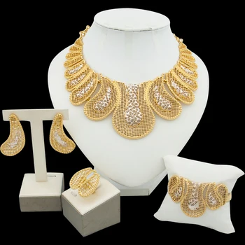 סט תכשיטי אופנה בנות 18k מצופה זהב שרשרת ועגילים עם צמיד טבעת סגסוגת נחושת הניגרי מסיבת חתונה תכשיטים
