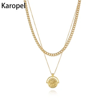 Karopel פשוט שטוח שרשרת מפת העולם שרשרת תליון מצופה זהב כפולה שכבתית בעובי עבה השרשרת עבור נשים, תכשיטי אופנה