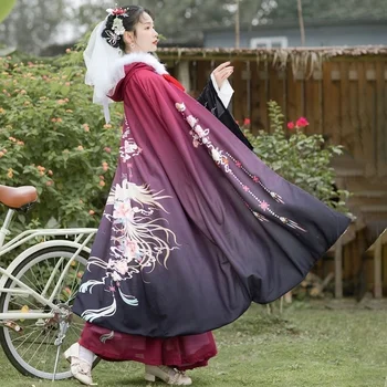 Hanfu קייפ הגלימה סתיו חורף נשים פיות המכוסה פרחים להדפיס את המעיל החם סיני עתיק בציר שושלת טאנג הנסיכה מעיל