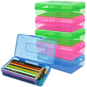 6 ערכת צבעים שונים עיפרון פלסטיק קופסאות מקרה בתפזורת ברור קלמר עם מכסה סגר הצמד
