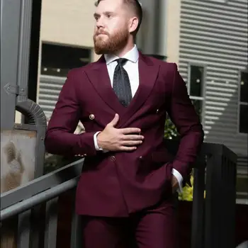 JELTONEWIN 2021 אופנה כפול עם חזה בורגנדי Mens חליפות חתן שושבין שמלת עסקים מסיבת חתונה בלייזר 2 חתיכות להגדיר