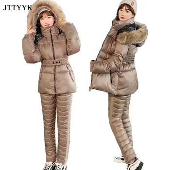 אופנה שני חלקים תלבושות נשים קובע מעיל עם ברדס, כותנה מכנסיים מעיל החורף פרווה בנות עבה 2 חתיכת קבוצה מקרית אימוניות.