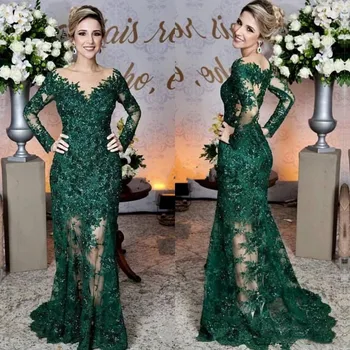 ירוק אמרלד ערב, שמלות צד העצום תכשיט צוואר אפליקציות תחרה שרוול ארוך רשמיות שמלות לנשף Vestido לונגו החלוק דה לנשף
