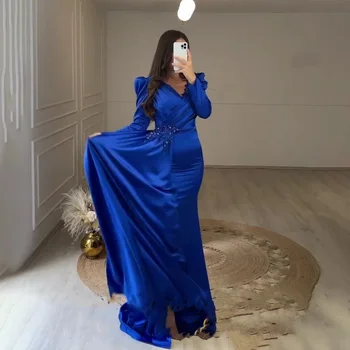 יוקרה כחול עם שרוולים ארוכים ערבית בתולת ים שמלת ערב ארוכה המלכותי אלגנטי סאטן דובאי רשמית מפלגה שמלות ערב לנשים