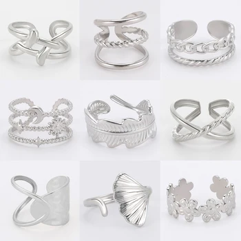 קבוצתית טבעת נירוסטה עבור אישה גיאומטריות מתכוונן פתח האצבע טבעות פרח לב עלה נחש פאנק תכשיטים מתנות יום הולדת