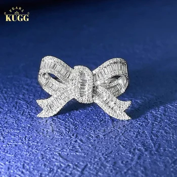KUGG 18K זהב לבן, טבעות יהלום טבעי אמיתי אלגנטי Bowknot צורת חתונה תכשיטי נשים, מסיבת אירוסין