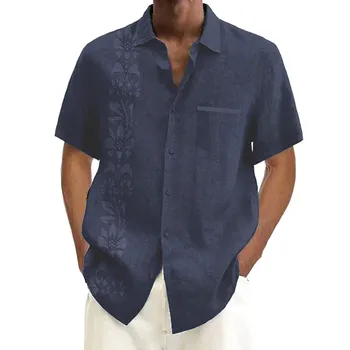 כותנה, פשתן חמה למכירה גברים חולצות עם שרוול קצר בקיץ מוצק צבע בעמידה צווארון החוף מזדמנים בסגנון בנוסף Sizemale חולצות 2023