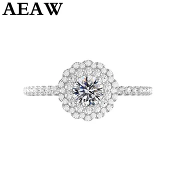 AEAW 14K זהב לבן הילה Moissanite הטבעת 1.3 ctw עגול לחתוך מבריק Moissanite טבעת אירוסין עבור נשים