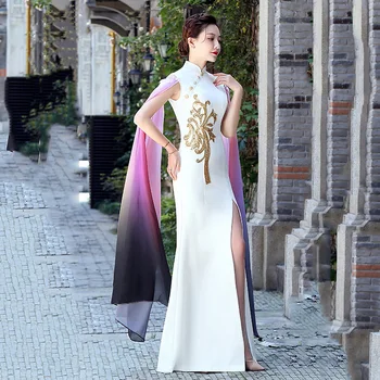 2PCS גבוהה פיצול ביצועים סקסי צ ' יפאו סיני שמלה בסגנון פרחוני לנשים סאטן דק Cheongsam עם צעיף ארוך 2021 חדש Vestidos