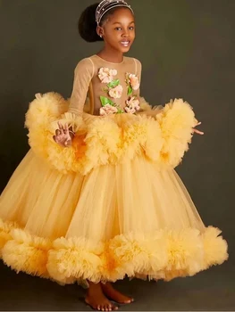 צהוב מוחלט הצוואר פרח ילדה שמלות נסיכה באורך הברך שרוול ארוך שמלת נשף הטקס הראשון הנשף אופנה 2023