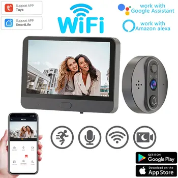 1080P WiFi דלת וידאו עינית המצלמה פעמון Tuya עם צג LCD ראיית לילה אינפרא-אדום, Alexa, Google GoogleHome חכם החיים