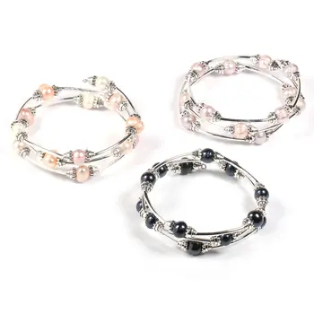 עגול שחור המזג הטבעי צמיד פניני להכנת תכשיטים שלוש מעגל צמיד מתנות מסיבת נשים 9-10mm