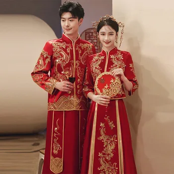אוהבי פיניקס רקמה בסגנון סיני Cheongsam שמלת החתונה נישואין החליפה הכלה בגדי וינטג 'מעולה נצנצים צ' יפאו
