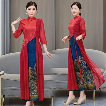 2023 סיני השתפר צ 'יפאו השמלה מנדרין קולר שמלת תחרה cheongsam פרח הדפסה ערב המפלגה שמלת צ' יפאו פולק שמלת ריקוד