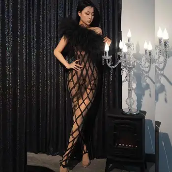 סקסי שחור שקוף רשת כתף אחת שמלה ארוכה
