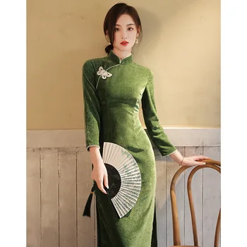 קטיפה צ ' יפאו שמלות ערב משי ירוק Cheongsam שמלת הדפסה גודל גדול Cheongsams סיני מסורתי מזרחי שמלה ארוכה