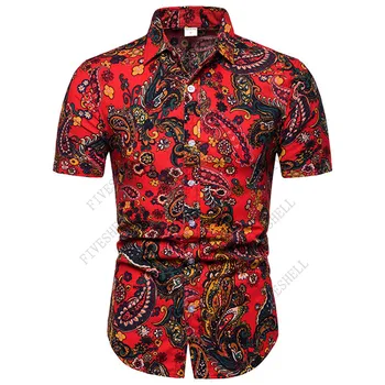 2023 Mens פייזלי חולצות Slim Fit Camisa Masculina אופנה פרחוניים כותנה פשתן חולצת גברים שרוול קצר החוף הוואי חולצה גברית.