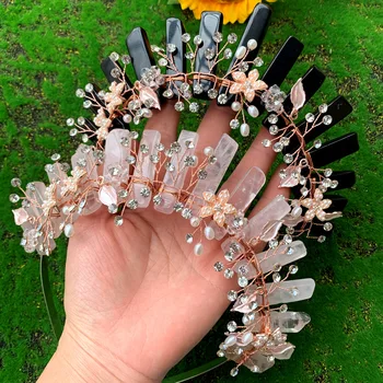 נשים הגלם קוורץ קריסטל התחרות הכתר Cosplay אביזרי שיער טבעי אבנים עם פרח פנינה נשים Hairband
