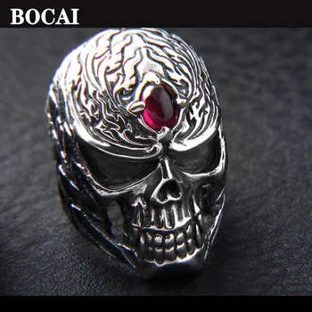 BOCAI חדש תכשיטי כסף S925 אישית פאנק סגנון סטריט היפ-הופ טבעת גולגולת לגברים משובץ עם גרניט אדום משלוח חינם