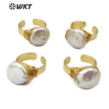 WT-R340 טבעי מים מתוקים פרל טבעת חוט עטוף פרל טבעת עם זהב Electroplated הלהקה אופנה ים מעטפת תכשיטים לאישה