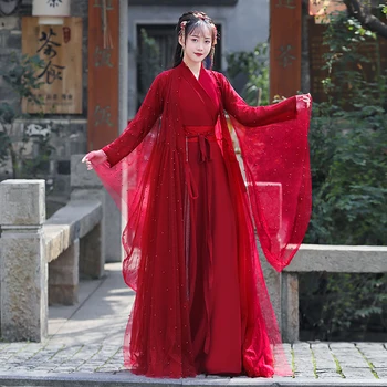 מקורי Hanfu נשים עתיקה תחפושת אדום אלגנטי פאייטים מנצנצת 2-שכבת בד פיות בסגנון סיני ריקוד הנשף