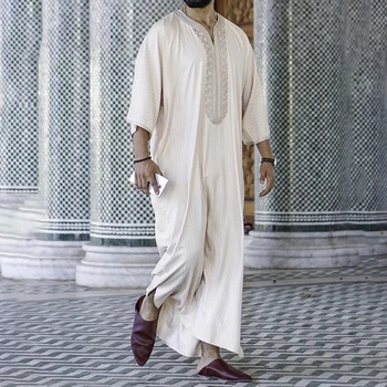 Abaya גברים הרמדאן קרם זינה האסלאם החלוק Salwar Galabia אביב 2023 חדש בסגנון אתני חופשי מזדמן רקום מוסלמי לבן החלוק