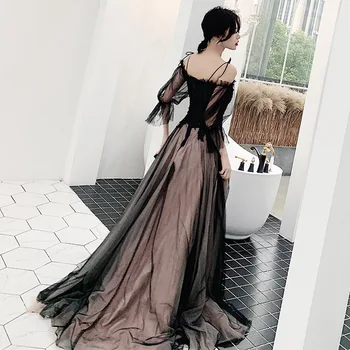 2023 נשים רשמי צד שחור חרוזים קו A טול שמלות ערב Vestido De Gala אלגנטיות רצועות ספגטי שמלות לנשף ללא משענת