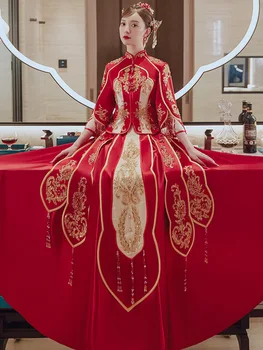 מסורתית חרוזים פאייטים רקמה ציצית Cheongsam הסינית אלגנטי לכלה להתחתן עם שמלה כמה חליפת חתונה китайская одежда