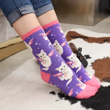 צבעוניות של נשים כותנה הצוות גרביים מצחיק בננה חתול חיה דפוס יצירתי בנות חידוש גרביים למתנות