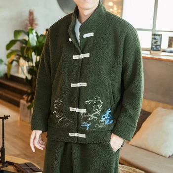 האחרון כבש את המעיל לגברים שונה בסגנון סיני מסורתי Hanfu חיוג אבזם גברים מעיל חורף חופשי גלי המעיל רקום למעלה