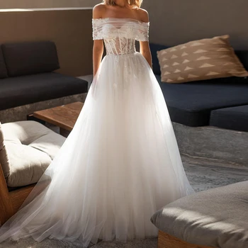 חתונה מדהימה השמלות כתף תחרה, טול מחשוף גב א-קו רכבת ארוכות הכלה שמלת חתונה מסיבה vestidos דה נוביה