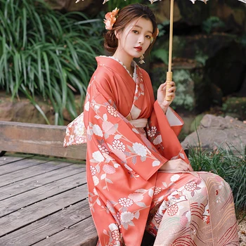 יפנית מסורתית שרוול ארוך קימונו מסורתי בסגנון וינטג ' בצבע כתום הדפסים פרחוניים יאקאטה Cosplay ללבוש את השמלה התמונה