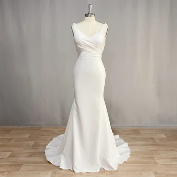 DIDEYTTAWL שרוולים סאטן אלגנטי בתולת ים שמלת חתונה עבור נשים 2023 תחרה צוואר V רכבת לטאטא שמלת כלה פשוטה תמונות אמיתיות