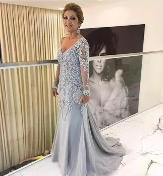 2022 כחול ים אמא של שמלת הכלה שרוולים ארוכים חרוזים טול, סאטן החתן אמא שמלה בתוספת גודל מסיבת חתונה שמלת אורח